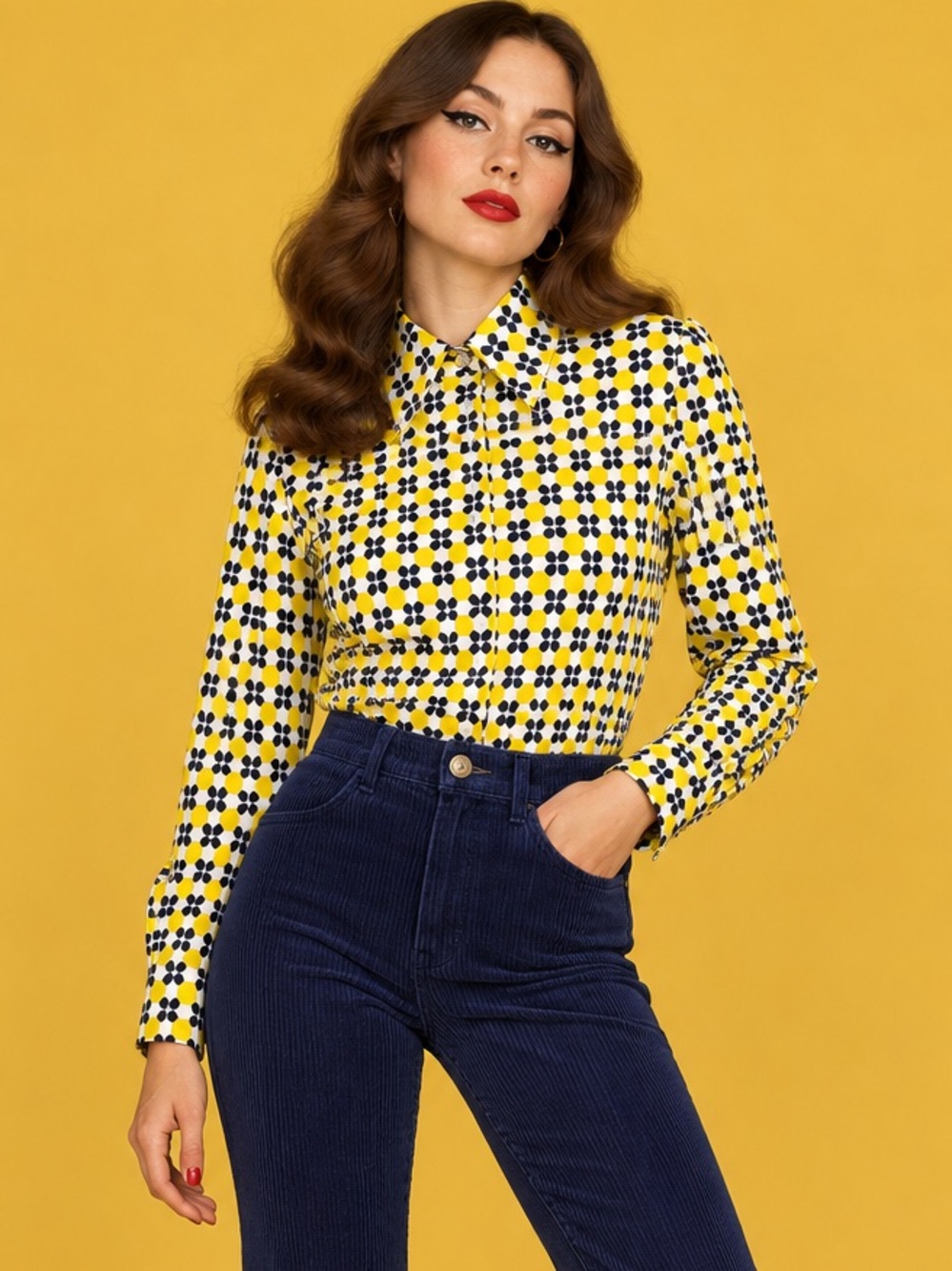 Vintage 70s Jack Winter Floral Mod Dart Collar Button Down Blouse Yellow Blue S
